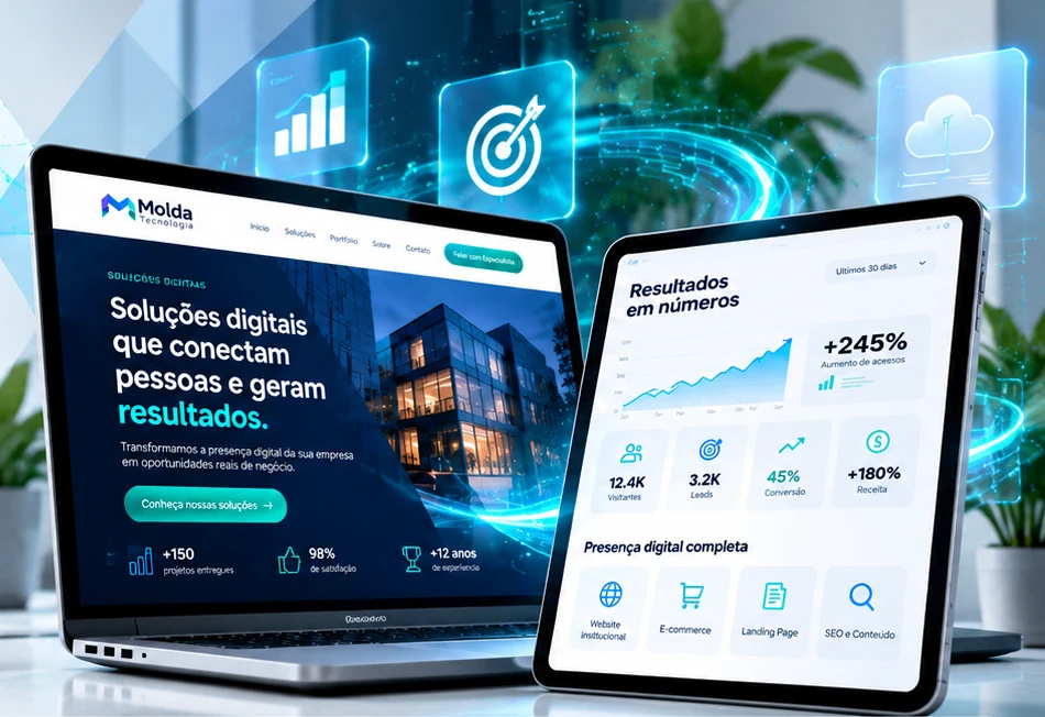 Notebook e tablet exibindo exemplos ilustrativos de soluções digitais da Molda Tecnologia